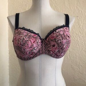 Lise Charmel Antigel Pink Purple Floral Navy Blue Lace Trim Bra 38D